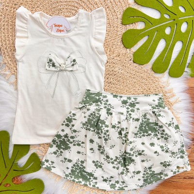 Conj. Regata Laço e Short Saia Floral - Off White e Verde